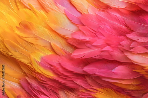 close up photo of pink and yellow feathers as background texture, made with generative ai © Ricky