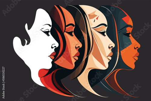 Profili di donne simili affiancati. Personalità multiple e diversi stati d'animo.