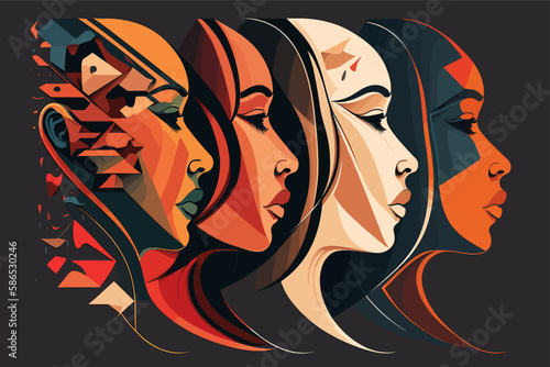 Profili di donne simili affiancati. Personalità multiple e diversi stati d'animo.