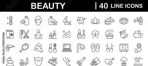 Beauty and Spa set of web icons in line style. Cosmetics services & Spa icons for web and mobile app. Spa treatments, skin care, massage, hyaluronic acid, serum, anti ageing, pore tighten, cosmetology