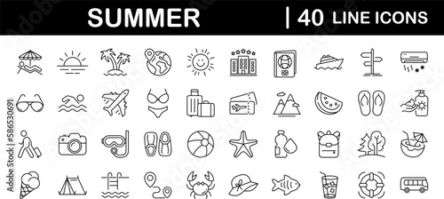 Summer set of web icons in line style. Summer vacation icons for web and mobile app. Travel, beach, tourism, summer holidays, hotel, relax, beach, luggage, passport, sunglasses. Vector illustration