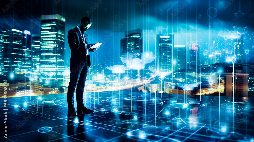 Businessman perusing the digital world on his tablet, created with Generative AI. Businessman perusing the digital world on his tablet, created with Generative AI.