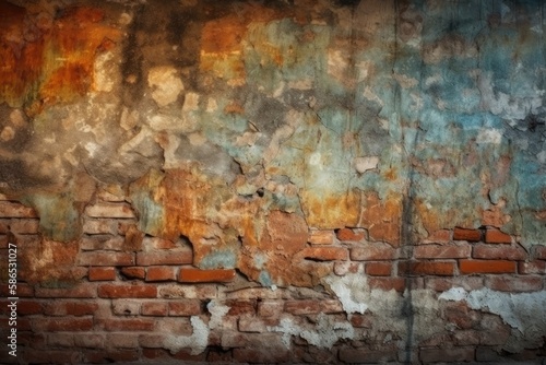 weathered brick wall with chipped and faded paint. Generative AI