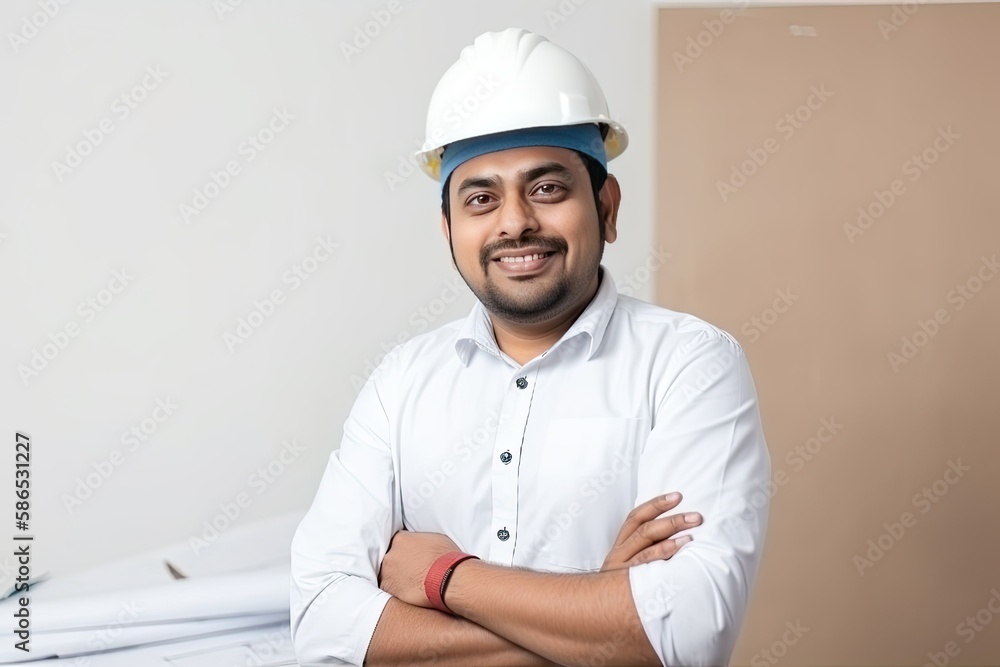 Indian male architect smiling at the camera, indoors, Generative AI Indian male architect smiling at the camera, indoors, Generative AI