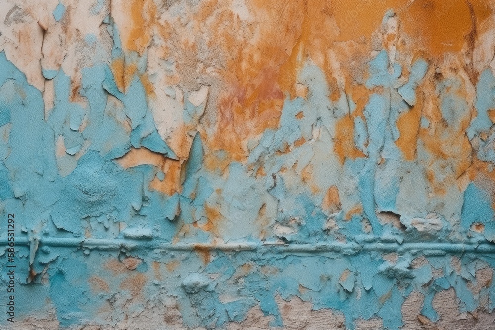 deteriorating wall with chipped paint and rusted metal. Generative AI
