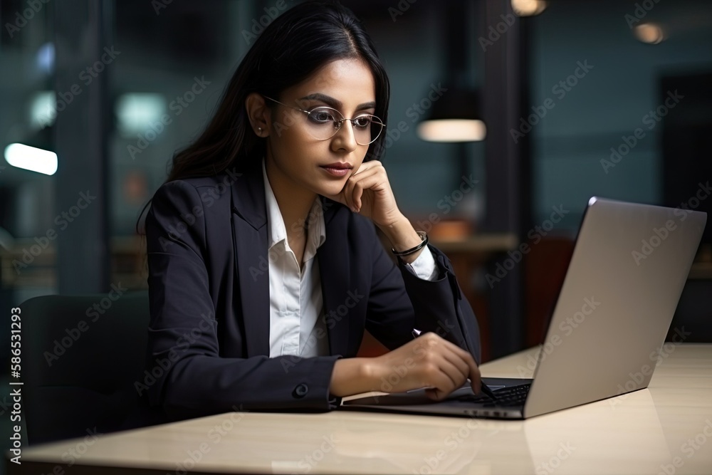 Indian Businesswoman working on her laptop, Generative AI Indian Businesswoman working on her laptop, Generative AI