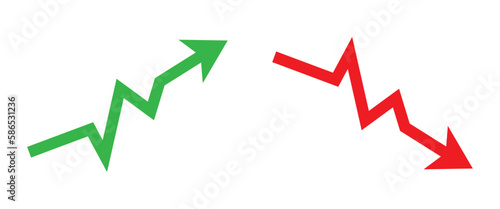 Graph going Up and Down sign with green and red arrows vector. Flat design vector illustration concept of sales bar chart symbol icon with arrow moving down and sales bar chart with arrow moving up.