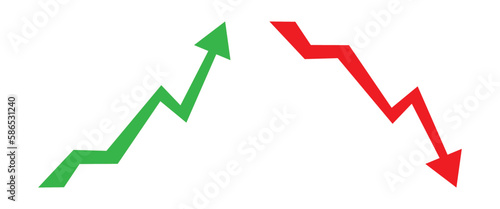 Graph going Up and Down sign with green and red arrows vector. Flat design vector illustration concept of sales bar chart symbol icon with arrow moving down and sales bar chart with arrow moving up.