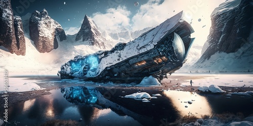 Glacial OVNI Crash with a Dramatic Scene of a Ship Frozen In Time Generated by AI