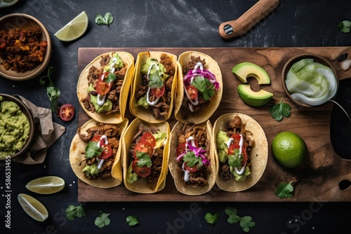 Several types of Mexican tacos, top view, Generative AI photo