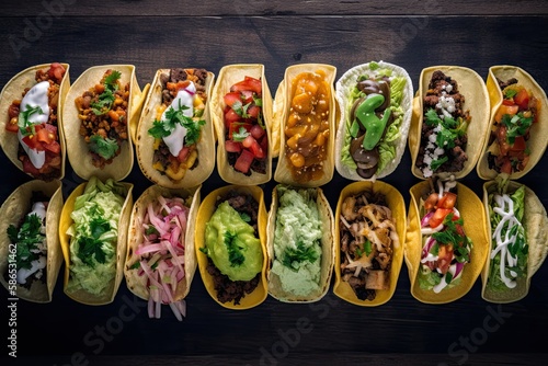 Several types of Mexican tacos, top view, Generative AI