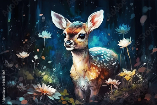 Generative AI illustration. Cute watercolor baby fawn on a dark forest background.