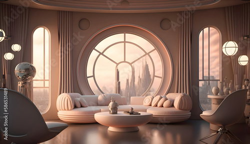 Realistic interior photograph from inside of star wars cloud city apartment, generative ai