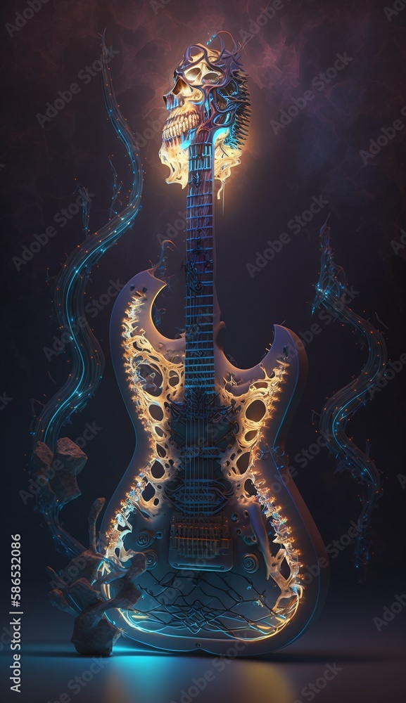 Fototapeta premium Dark Strings as a Detailed Skeleton of an Eerie Demoniac Guitar Generated by AI