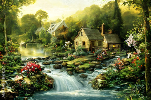 Creek house, stream. Beautiful village daylight, small cottage and Spring flowers.  © Aleksandar