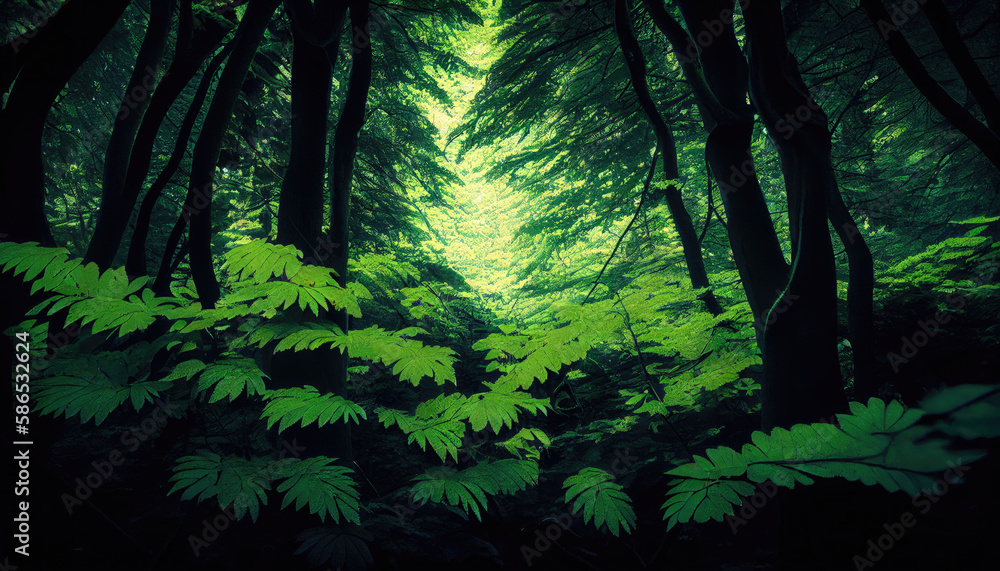 Naklejka premium forest in the spring, green wilderness woods landscape - by generative ai