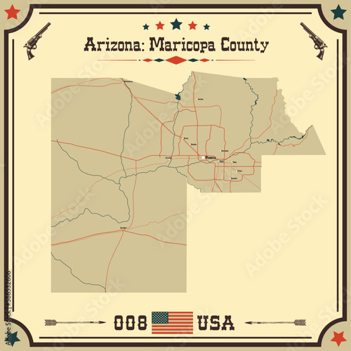 Large and accurate map of Maricopa County, Arizona, USA with vintage colors. photo