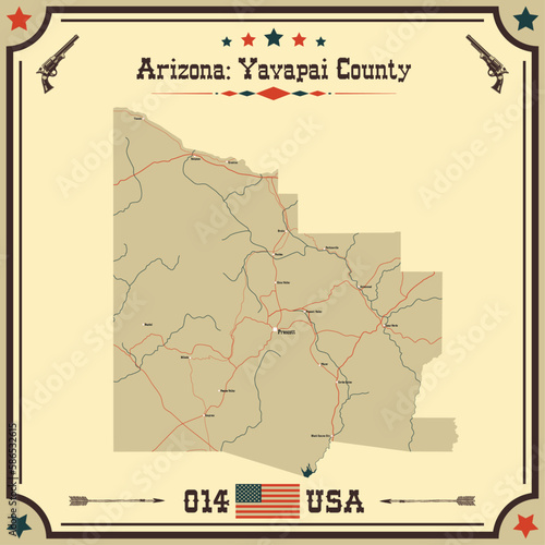 Large and accurate map of Yavapai County, Arizona, USA with vintage colors. photo