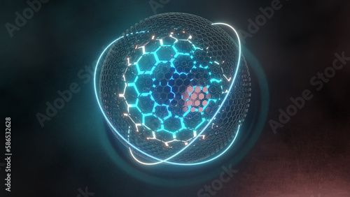 3d rendering. Abstract metallic background. A fantastic sphere of metal hexagons is surrounded by shining neon rings. Abstract illustration. The idea of energy, the core of cosmic forces.