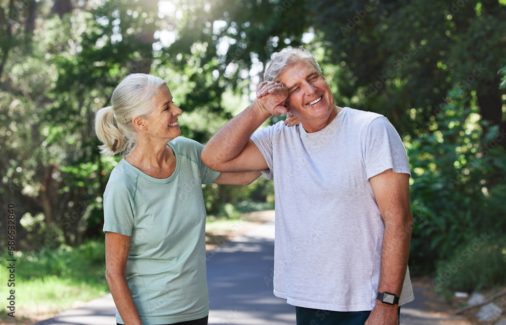 Senior couple, exercise and laugh outdoor for run, workout and training on road for fitness. Old man and woman happy and tired of cardio for health and wellness while running in nature in retirement Senior couple, exercise and laugh outdoor for run, workout and training on road for fitness. Old man and woman happy and tired of cardio for health and wellness while running in nature in retirement