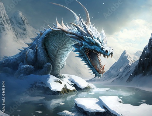 Ferocious Frosty Dragon as an intimidating figure of a menacing Fictional Dragon amidst a swirling icy blizzard, its mouth open in an angry roar Generated by AI
