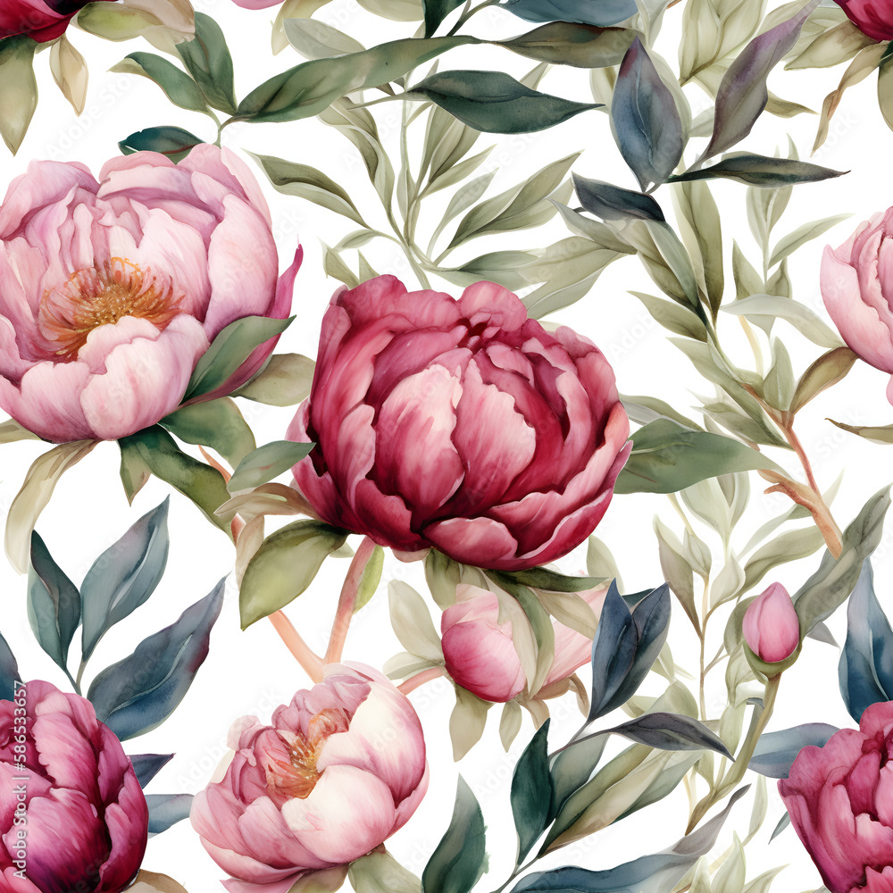 Seamless watercolor pattern with peony flowers. Floral illustration background. Generated AI