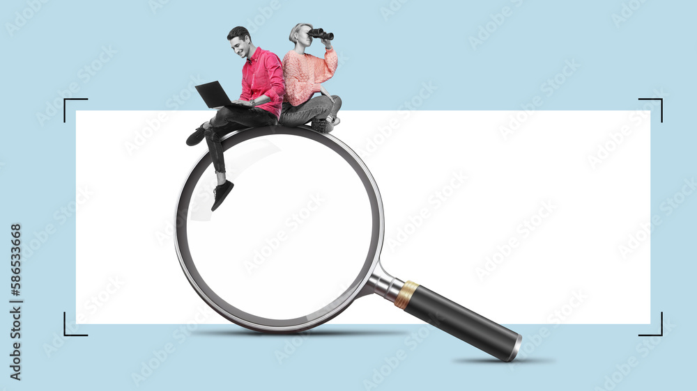 A young woman with a binoculars and man with a laptop is sitting on a big magnifying glass. Isolated free PNG search area. Team ist Searching for information on the internet concept. - obrazy, fototapety, plakaty 