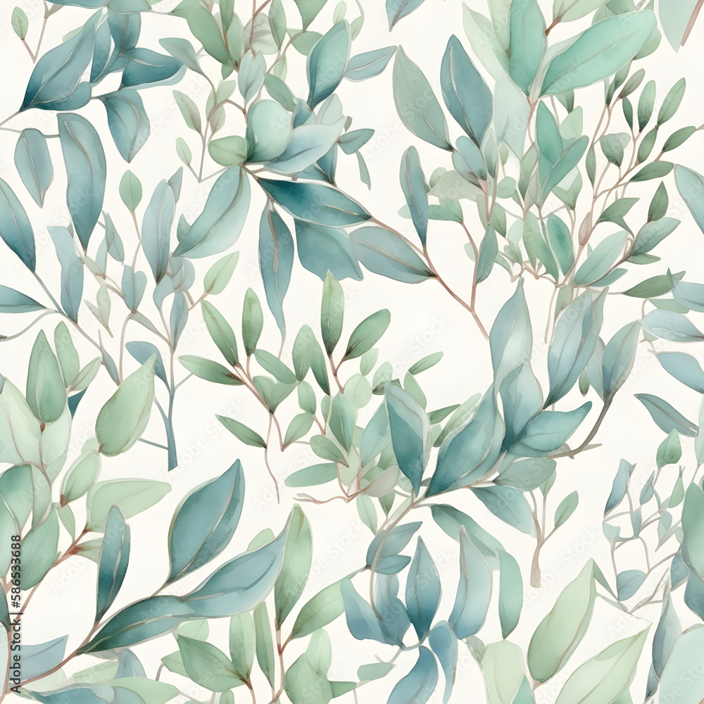 Seamless watercolor pattern with eucalyptus. Floral illustration background. Generated AI