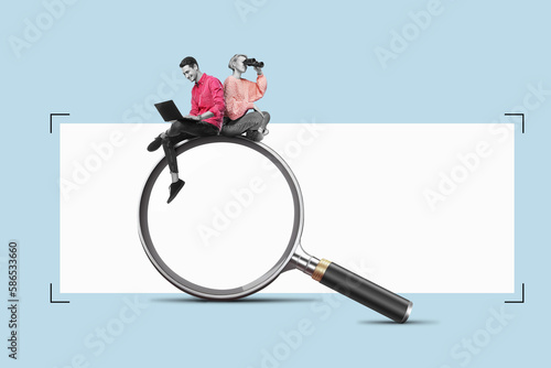 A young woman with a binoculars and man with a laptop is sitting on a big magnifying glass. Art collage. Team ist Searching for information on the internet concept.