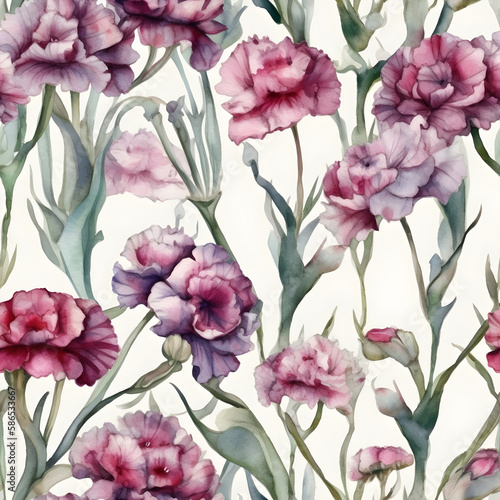 Seamless watercolor pattern with small carnation flowers. Floral illustration background. Generated AI