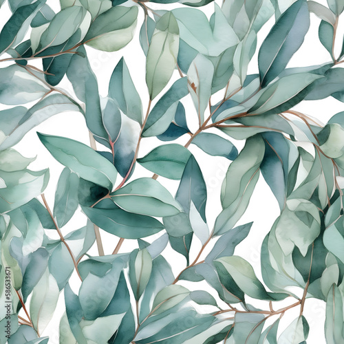 Seamless watercolor pattern with eucalyptus leaves. Floral illustration background. Generated AI