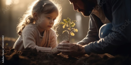 Curious little girl helping his father to plant the tree while working together in the garden,generative ai. © Nokhoog