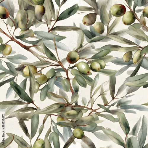 Seamless watercolor pattern with olive tree. Floral illustration background. Generated AI