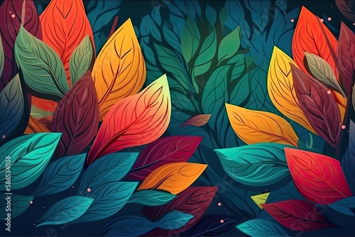 colorful leaves set against a dark background in a painting. Generative AI