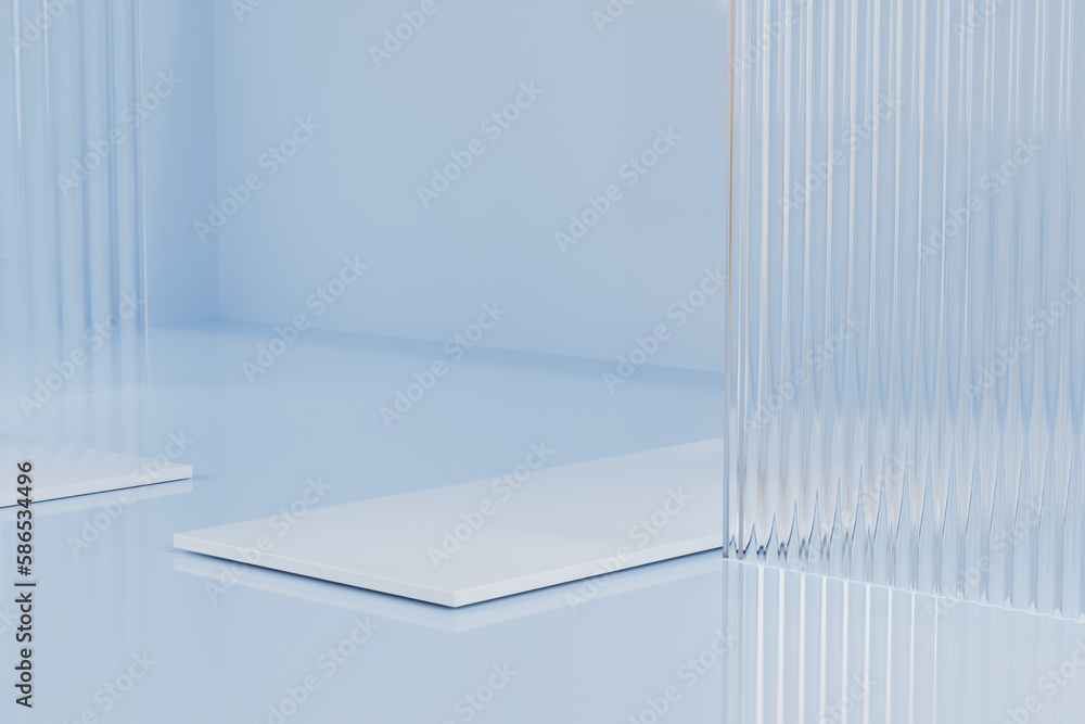 light blue board glass window product display stand, luxury cosmetics showcase advertising concept, 3d rendering illustration light blue board glass window product display stand, luxury cosmetics showcase advertising concept, 3d rendering illustration