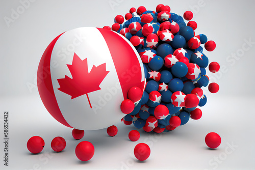 Canada flag and european union political balls smash into each other 3d rendering. Generative Ai