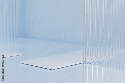 light blue board glass window product display stand, luxury cosmetics showcase advertising concept, 3d rendering illustration