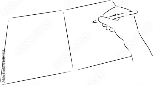 Hand writes in a notebook, vector. Hand drawn sketch. The hand writes with a pen in a notebook or book.