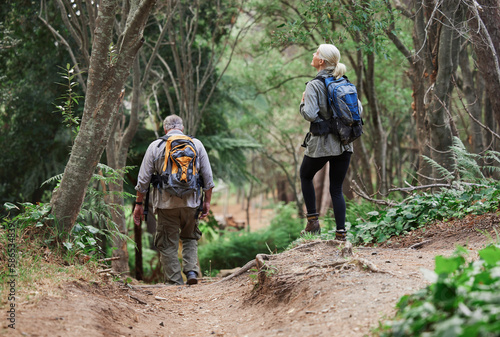 Back, fitness and senior couple hiking, workout and exercise for wellness, healthy lifestyle and quality time. Hike, mature man and old woman in forest, walking and training with fresh air or balance