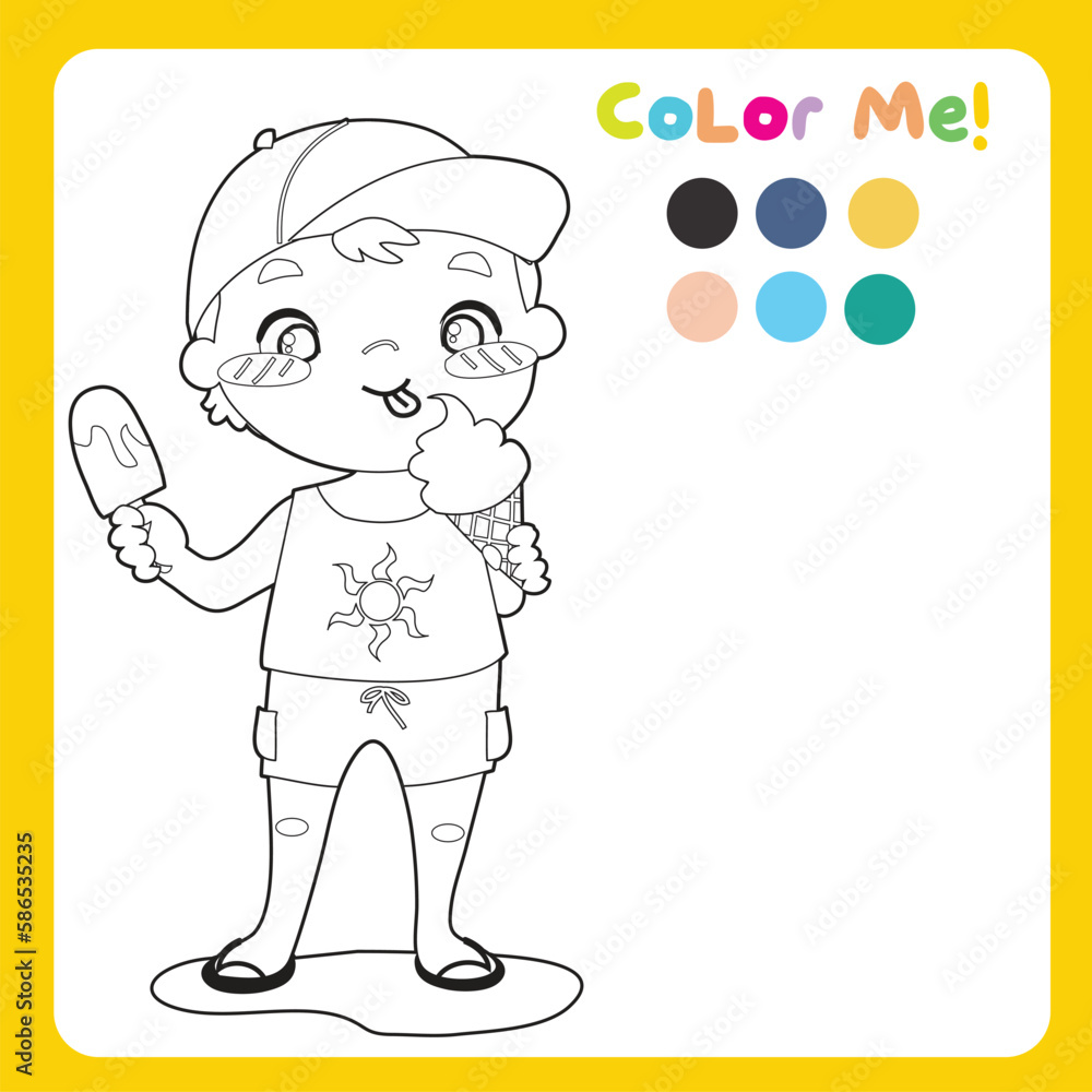 Colour me: colouring page kids doing the summer activities on the beach. A cute little boy eating ice cream, enjoying summer on the beach. Coloring activity. Vector file. Colour me: colouring page kids doing the summer activities on the beach. A cute little boy eating ice cream, enjoying summer on the beach. Coloring activity. Vector file.