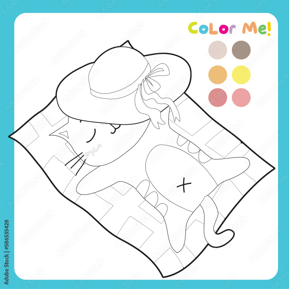 Colouring page with summer theme. A cute and kawaii cat sleeping on the beach. Coloring activity. Vector file. Colouring page with summer theme. A cute and kawaii cat sleeping on the beach. Coloring activity. Vector file.