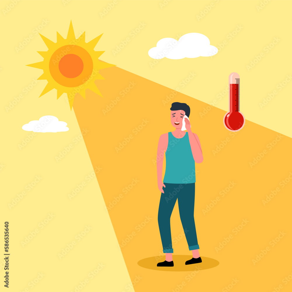 Young man suffering from heat stroke symptom. He got dizziness and sweaty in hot climate summer. Young man suffering from heat stroke symptom. He got dizziness and sweaty in hot climate summer.