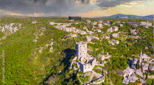 The Tower of the Kula Fort in the Historic Village of Pocitelj in Bosnia and Herzegovina  with the River Neretva