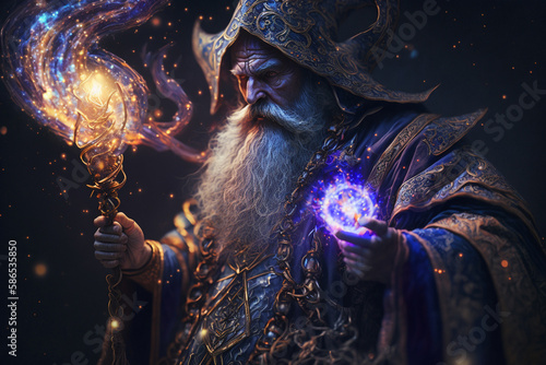 In a fantastical realm of dragons and knights, a powerful wizard stands in the midst of mystical ritual.wizard's robes and swirling magic around him. high fantasy, rich colors and ornate designs. Ai