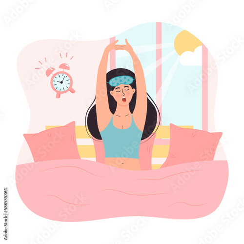 Woman in sleeping mask is waking up, yawning and stretching out in the bed with pillows. Sun shining through the window and alarm ringing. Daily morning routine.