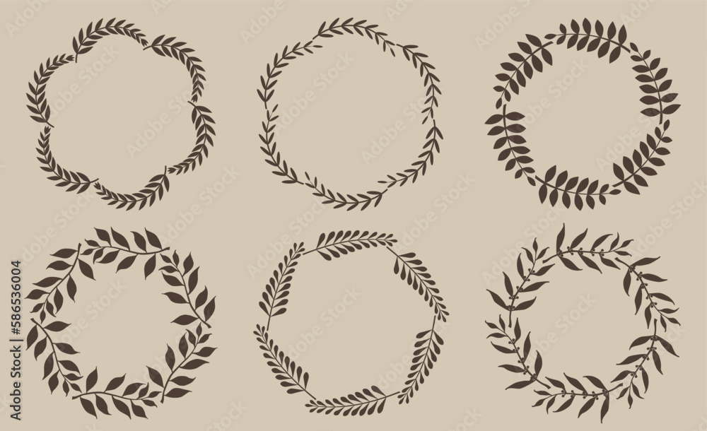 Round borders made of leaves. Set of decorative frames. Floral ornaments. Circular patterns of twigs. Design elements for invitations and holiday cards. Vector illustration. Round borders made of leaves. Set of decorative frames. Floral ornaments. Circular patterns of twigs. Design elements for invitations and holiday cards. Vector illustration.