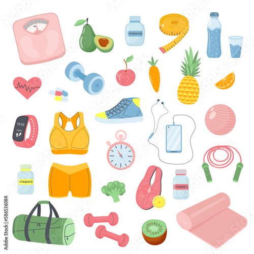 Fitness diet icon set.  Fitness inventory, gym accessories, healthy food.