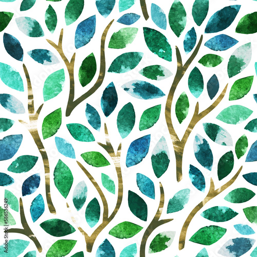 Nature vector seamless pattern with watercolor green branches with leaves on white background.  Design for textile print, page fill, gift wrapping, fabric, web