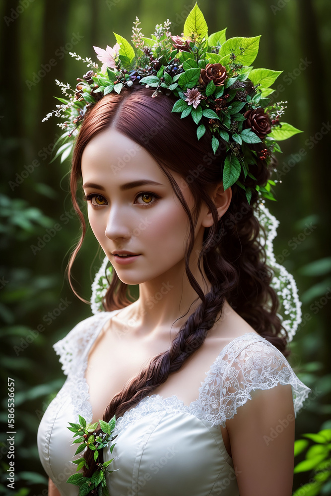 Beautiful inhabitant of the forest, mythical character of fairy tales and fantasy, nymph, fairy, naiad. Generative AI Beautiful inhabitant of the forest, mythical character of fairy tales and fantasy, nymph, fairy, naiad. Generative AI