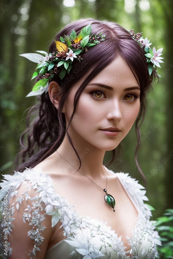 Beautiful inhabitant of the forest, mythical character of fairy tales and fantasy, nymph, fairy, naiad. Generative AI Beautiful inhabitant of the forest, mythical character of fairy tales and fantasy, nymph, fairy, naiad. Generative AI